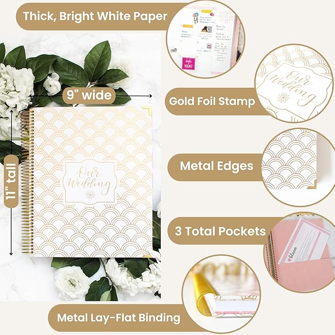 bloom daily planners Wedding Planner & Organizer/Hardcover Keepsake Journal with Essential Planning Tools - Checklists, Vision Boards, Tips & More - 9"x11" (Gold Scallops)