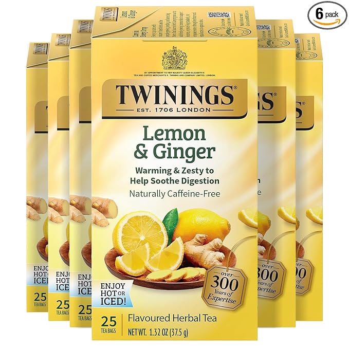 Twinings Lemon & Ginger Herbal Tea Individually Wrapped Bags, 25 Count (Pack of 6), Spicy Ginger, Lemon Peel, & Lemongrass, Naturally Caffeine-Free, Enjoy Hot or Iced, 150 Teabags