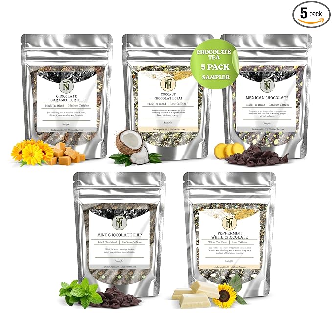 Nelson's Tea Chocolate Sampler Pack Tea - Loose Leaf Tea Sampler - Choc. Caramel Turtle, Coconut Choc Chai, Mexican Chocolate, Mint Chocolates Chip, Peppermint White-Chocolate - Sample Sizes