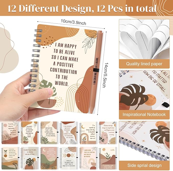 Kosiz 24 Pcs/12 Set Positive Affirmation Gifts Gratitude Spiral Notebooks with Pens Motivational Encouragement Notepads Daily Affirmations Journal for Women Valentine Galentine Gifts (Rainbow)