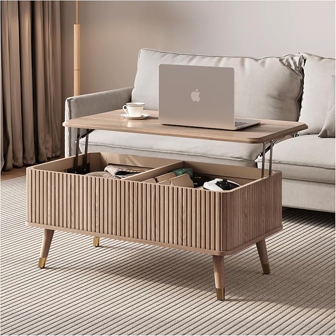 JOINICE Lift Top Coffee Table with Storage,Natural Wood Center Table for Living Room, Modern Farmhouse Oak Fluted Design,Pop-Up Desk for Work & Dining