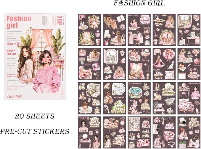 Auguro Scrapbooking Sticker 20 Sheets 120 Pre-Cut PET Fashion Stickers People Sticker Books for journaling Scrapbook Supplies Transparent Stickers