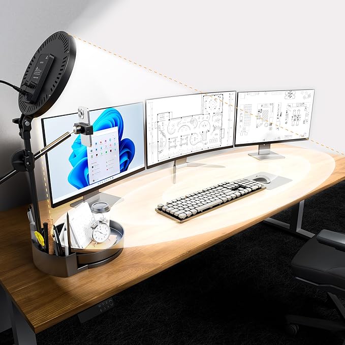 Bright Zoom Lighting for Computer, Adjustable Desk Lighting for Video Callst,55W Dimmable Full Screen Ring Light,with Rotating Storage Box,Pen Holder Stand,Phone Holder and Controller (Black, 10.5)
