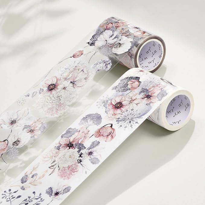 WT Frostbloom Wide PET Tape, Single Roll, Original Floral Designs, Winter Flowers, Clear Transparent Adhesive Tape for Junk Journals, Scrapbooks, Bujo, Planners, DIY Crafts, Art Stationery