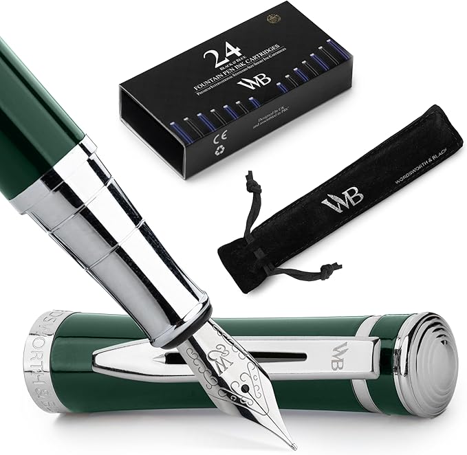 Wordsworth & Black Fountain Pen Set, Medium Nib, Includes 24 Pack Ink Cartridges, Ink Refill Converter & Gift Pouch, Chrome Finish, Calligraphy, [Racing Green], Perfect for Men & Women