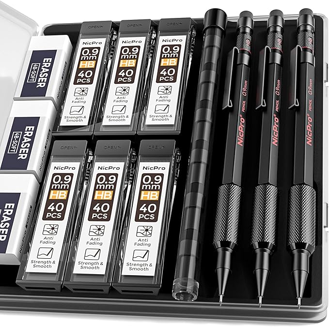Nicpro 0.9 Metal Mechanical Pencil Set with Case, 3PCS Hevey Duty MP2000 Lead Pencil With 6 Tube HB Lead Refills 0.9mm, Erasers, Weatherproof Barrel for Outdoor Writing Drafting Drawing Sketching
