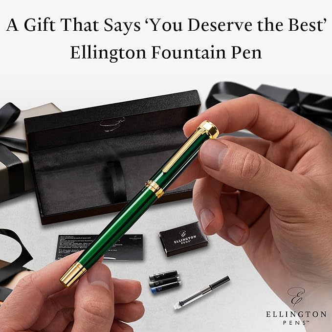 Ellington Pens Luxury Fountain Pen Set - Extra Fine Nib - Includes 3 Ink Cartridges, Refillable Ink Converter, Box - Fountain Pens For Writing, Calligraphy, Journaling, Sketching (Emerald Enigma)