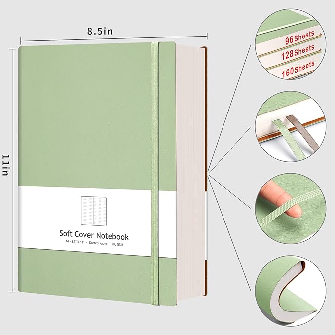 AHGXG Bullet Dotted Journal - Large A4 Notebook Dotted, 8.5''×11'', 320 Pages Dot Grid Notebook, 100gsm Thick Paper, Leather Softcover, with Journal Stencils, Inner Pocket - LightGreen