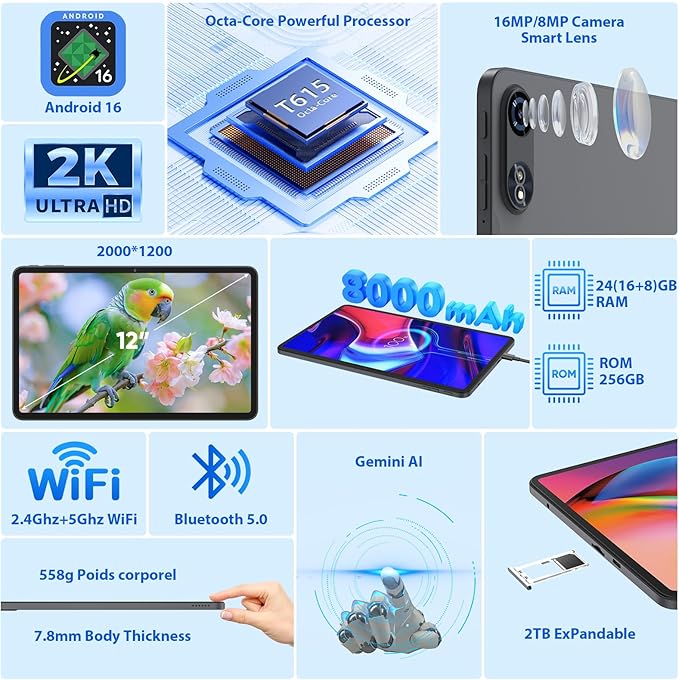 JJGJ 2026 12 Inch Android 16 Tablet with Keyboard, 24GB+256GB+2TB Expand, 2K Gemini AI Tablet with 5G WiFi, Octa-Core, 8000mAh, BT5.0, 16+8MP, 2 in 1 Tablets PC with Case, Mouse, Stylus (Black Case)