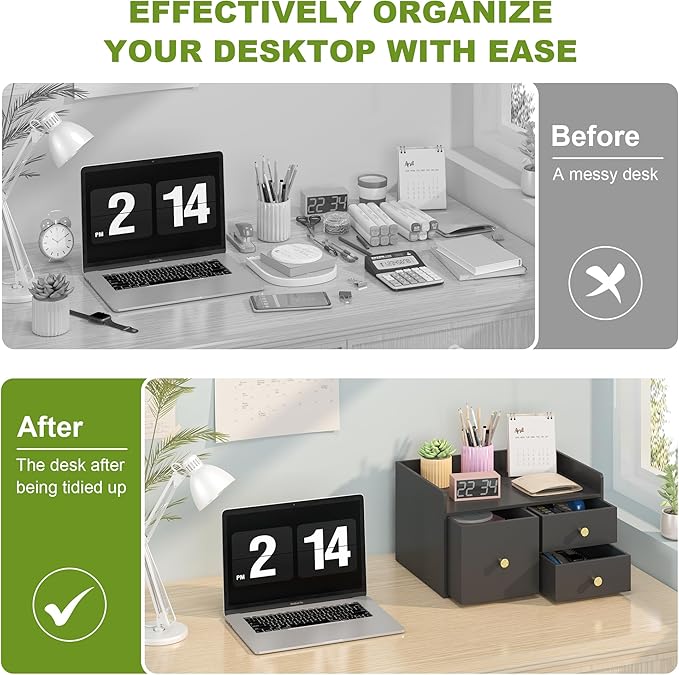 Bamboo Desk Organizer with Drawers Wooden Desktop Storage Drawers for Bills Office Supplies Kitchen Utensils Organizing Tool for Home Classroom Organization No Assembly (3 Drawer, Black)