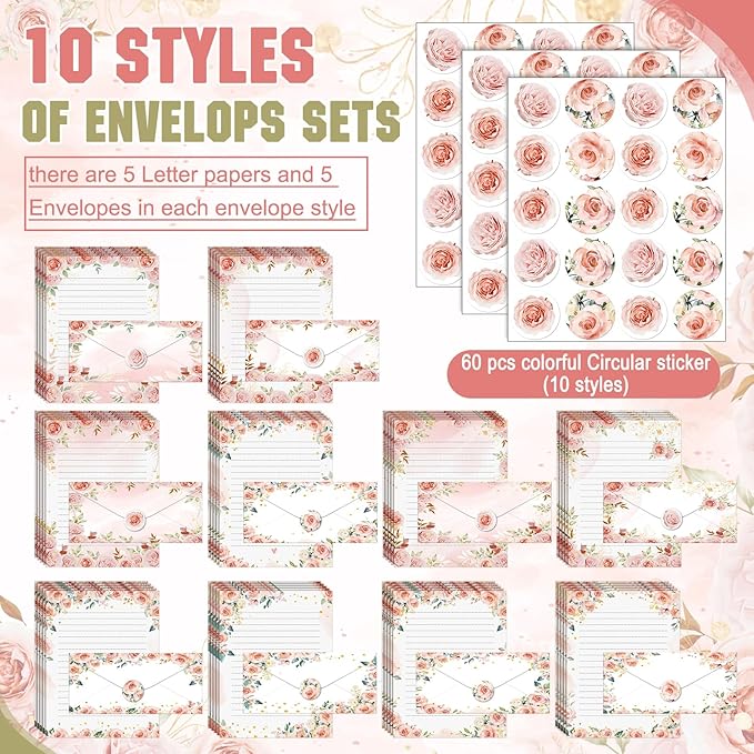 TaoBary 160 Pcs Stationery Paper Set 50 Double Sided Stationery Papers with 50 Matching Envelopes and 60 Round Dot Sticker, 10 Design(Floral,8.5 x 11 Inch)