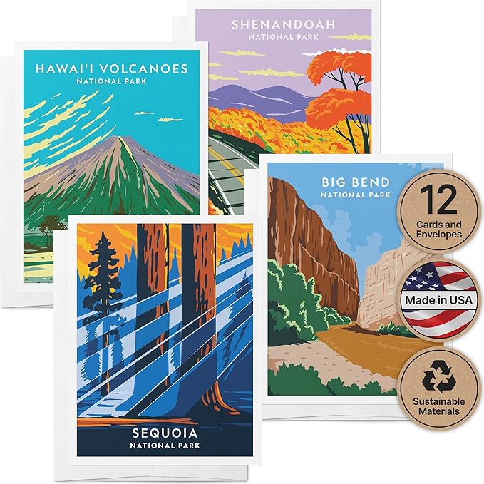 Twigs Paper - Assorted Nature National Parks Greeting Cards - Stationery Cards with Envelopes - Thank You and Blank Note Cards - Greeting Cards for All Occasions - Made in USA (5.5 x 4.25, Set of 12)
