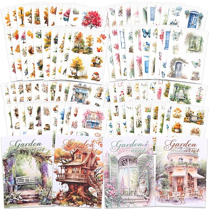 Knaid Scenery Sticker Set (490+ Pieces, 80 Sheets) 4 Pack Sticker Books Blooming Windows, Garden Houses, Enchanted Forest, Garden Fences Journaling Stickers for Scrapbook Bullet Junk Journals Planner