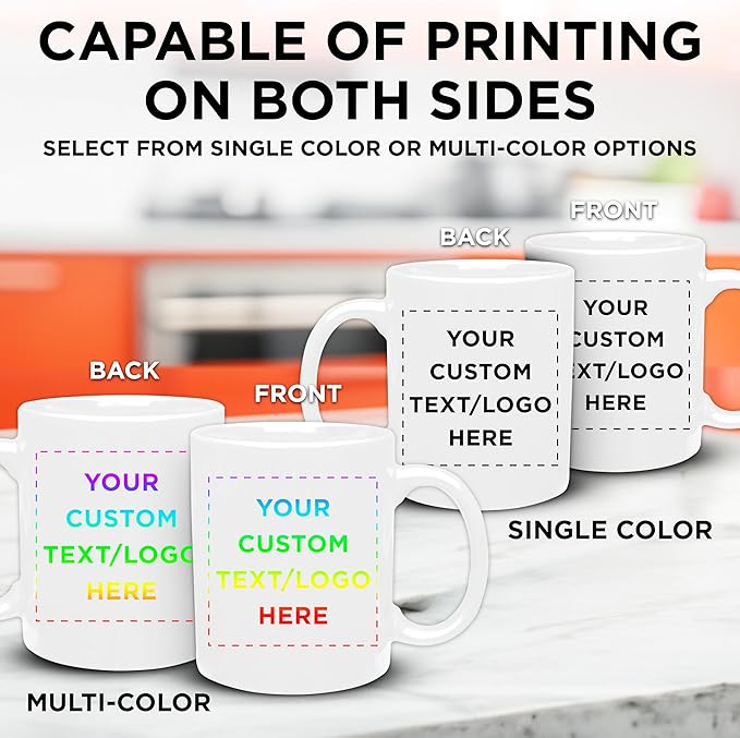 Custom Ceramic Coffee Mugs 11 oz. Set of 100, Personalized Bulk Pack - Coffee cup set, Iced coffee cup, Gaming mug - White