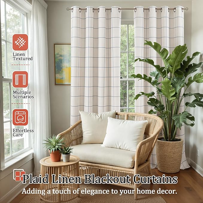 Lajode Navy Blue Plaid Patterned Curtains Thermal Insulated