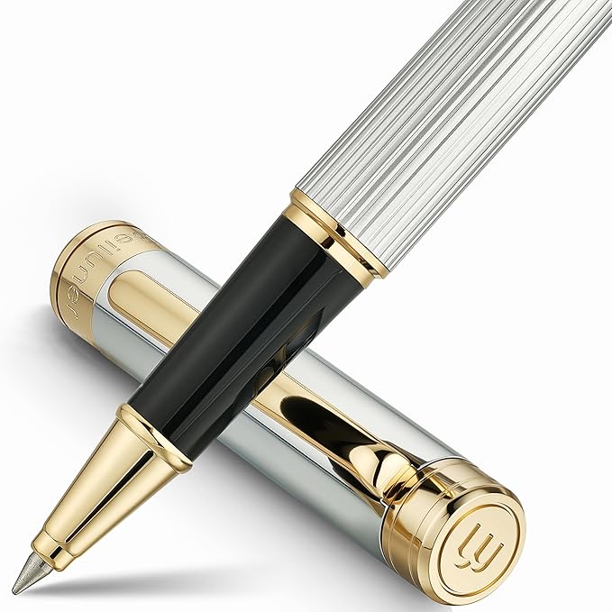 BEILUNER Lighthouse series Rollerball pen, Silver Chrome pen body, exquisite vertical lines, Schneider 850 refill, suitable for men, office, professionals, exquisite and chic designer pen