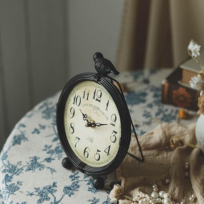 NIKKY HOME Vintage Table Clock with Bird, Metal Desk Clocks Battery Operated Black Retro Table Clock on Stand Decorative Desk Clock for Bedroom Living Room Shelf