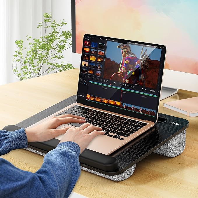 Besign LT08 Laptop Stand, Portable Lap Desk with Pillow Cushion, Fits up to 14 inch Laptop, with Anti-Slip Strip for Desk, Sofa & Bed, Black and Gray