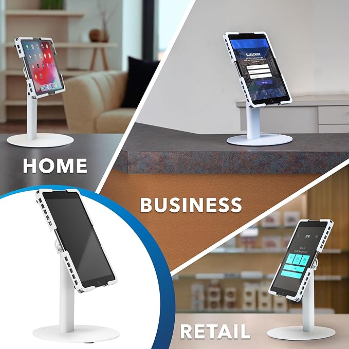 Mount-It! Universal Tablet Stand with Tilt, Anti-Theft Retail iPad POS Kiosk Stand, Fits Tablets from 9.7" to 13" Screen Size, 90° Rotation for Portrait and Horizontal Viewing, Durable Steel, White