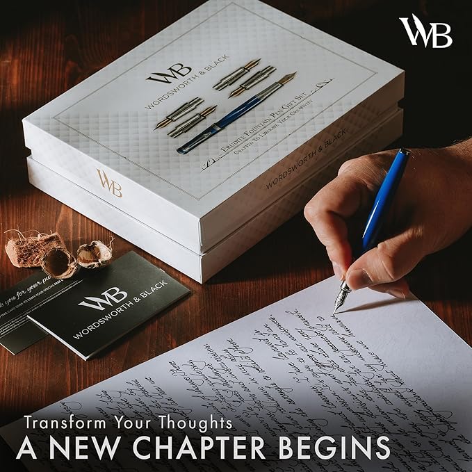 Wordsworth & Black Fountain Pen Gift Set, Includes Bottle, 6 Cartridges, Refill Converter, 4 Replacement Nibs, Premium Package, Journaling, Calligraphy, Smooth Writing Pens [Blue Chrome]