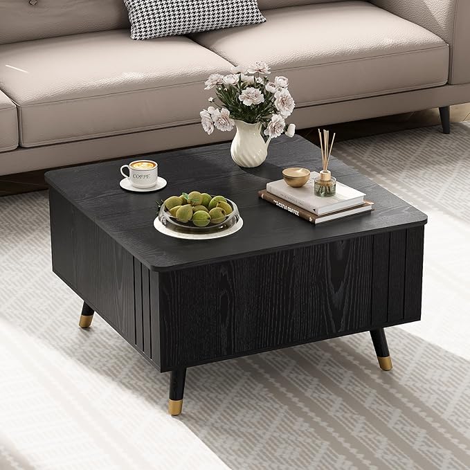 JOINICE 32" Square Lift Top Coffee Table with Storage, Modern Black Center Table for Living Room, Minimalist Wood Cocktail Table with Rising Desktop, Home Office