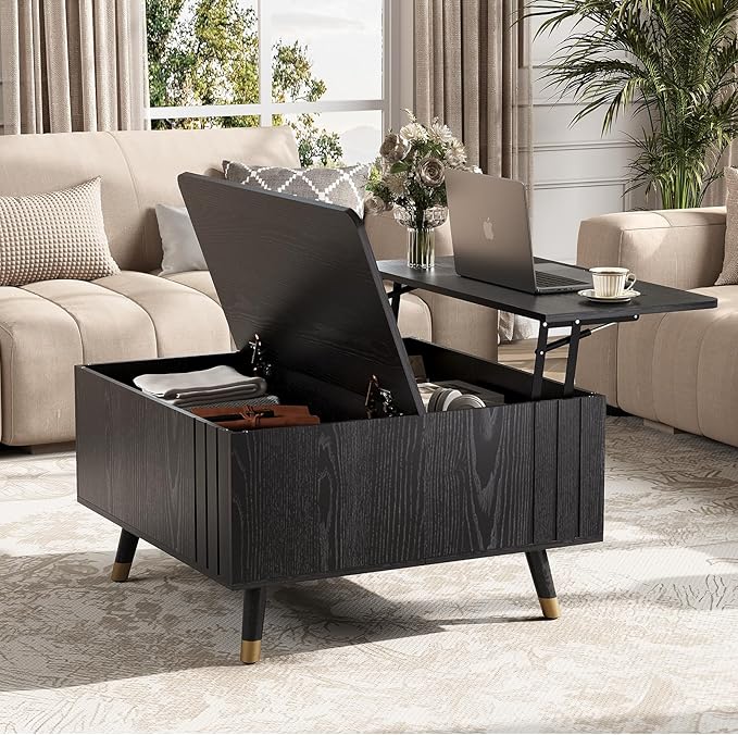 JOINICE 32" Square Lift Top Coffee Table with Storage, Modern Black Center Table for Living Room, Minimalist Wood Cocktail Table with Rising Desktop, Home Office