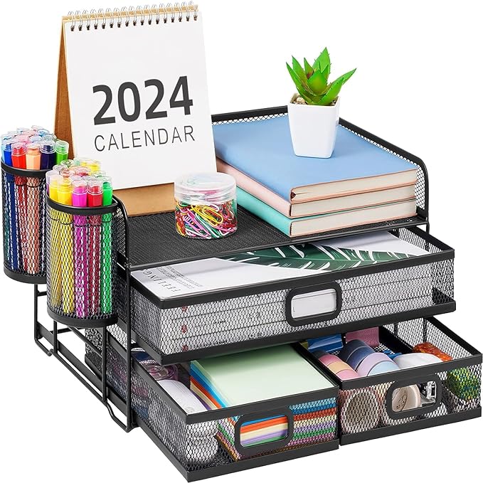 Marbrasse 3 Tier Mesh Desk Organizer with Drawer, Multi-Functional Desk Organizers and Accessories, Paper Letter Organizer with 2 Pen Holder for Home Office Supplies (Black)