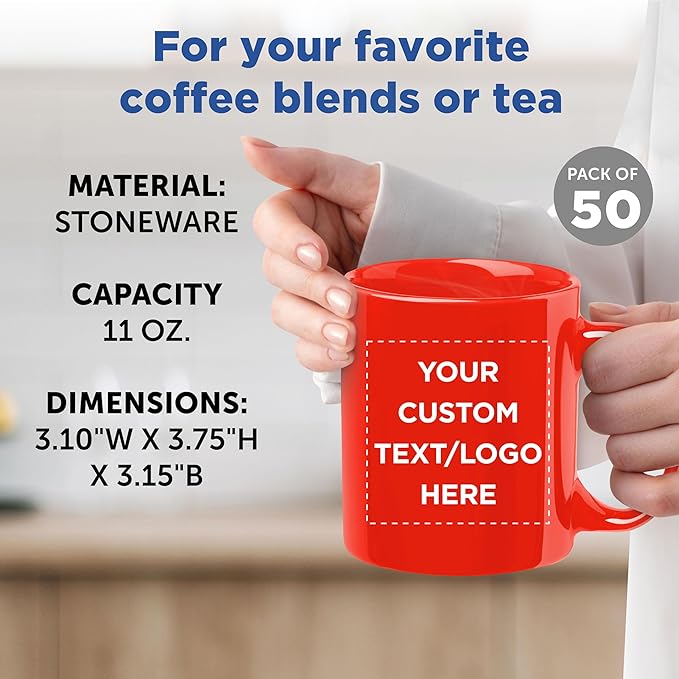 Custom Ceramic Coffee Mugs 11 oz. Set of 50, Personalized Bulk Pack - Coffee cup set, Iced coffee cup, Gaming mug - Red