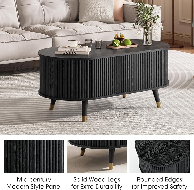 JOINICE 42.5" Oval Lift Top Coffee Table with Storage, Mid Century Modern Black Center Table with Fluted Panel, Solid Wood Legs & Hidden Compartment for Living Room