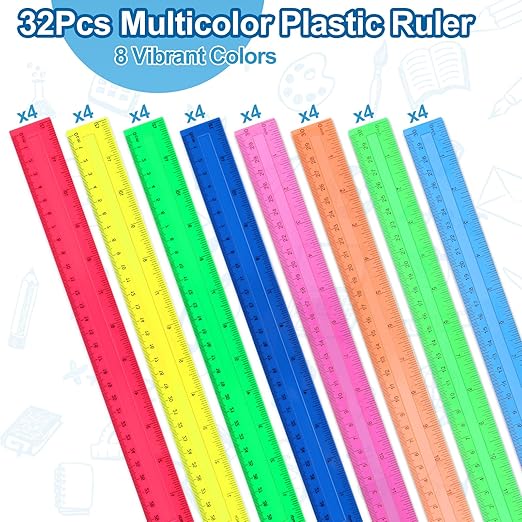12 Inch Plastic Rulers, 32 Pack Assorted Colors Transparent Ruler Bulk, Metric Rulers with Inches and Centimeters, Straight Ruler Measuring Tool for Student Office Home Back to School Supplies