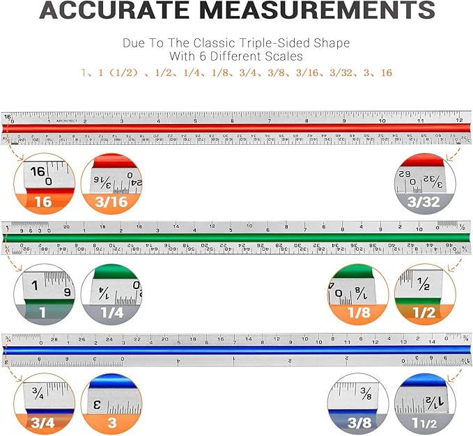 12" Architectural Scale Ruler Aluminum Architect Scale Triangular Scale Ruler for Architects, Draftsman, Students and Engineers, Color-Coded (1 Pack)