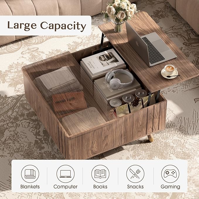 JOINICE 32" Square Lift Top Coffee Table with Storage,Mid Century Modern Walnut Center Table with Rising Desktop for Living Room, Brown Wood Finish