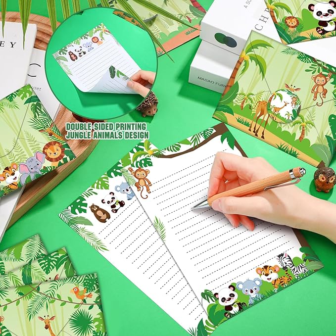 TaoBary 160 Pcs Stationery Paper Set 50 Double Sided Stationery Papers with 50 Matching Envelopes and 60 Round Dot Sticker, 10 Design(Safari Animal,5.5 x 8.25 Inch)