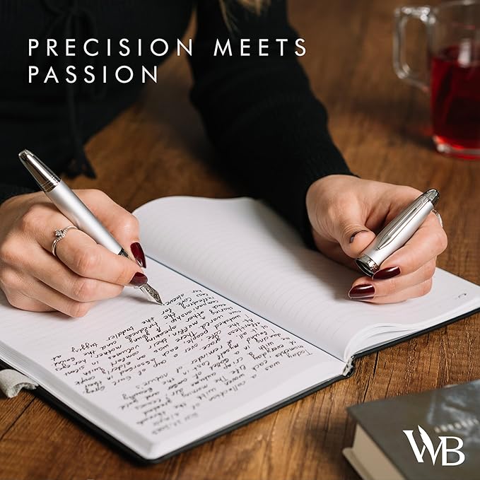 Wordsworth & Black Majesti Fountain Pen-(Silver), Luxury Case, 24K Gold Finish; 18K Gilded Medium Nib- Ink Cartridges, Refillable Ink Converter-Calligraphy Pen-Best Business Gift Set for Men & Women