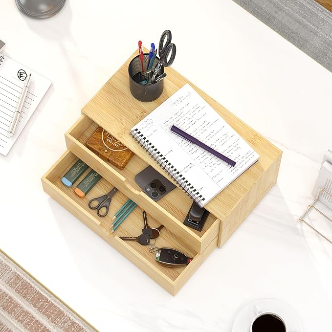 Bamboo Desk Organizer with Drawers - Small Desktop Storage Container for Countertop & Tabletop - No Assembly Required