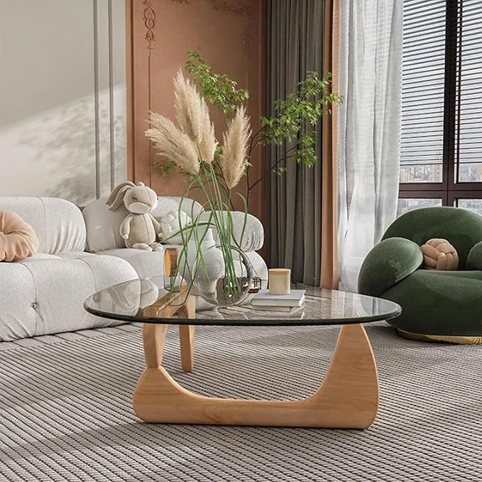 EASYSOUL Modern Glass Coffee Table, 32.68" D x 22.44" W x 15.75" H, Abstract Round Tea Tables for Living Room Home Office Industrial Cocktail Tables (Log-Clear Glass, 32.68")