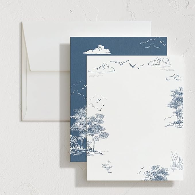 Minted Lake Side Toile Stationery Set, Set of 10 Flat Note Cards & Envelopes for Invitiations and Handwritten Thank You Messages, Toile Design, Lake & Forest Scene, Gifts for Women, Luxurious Paper