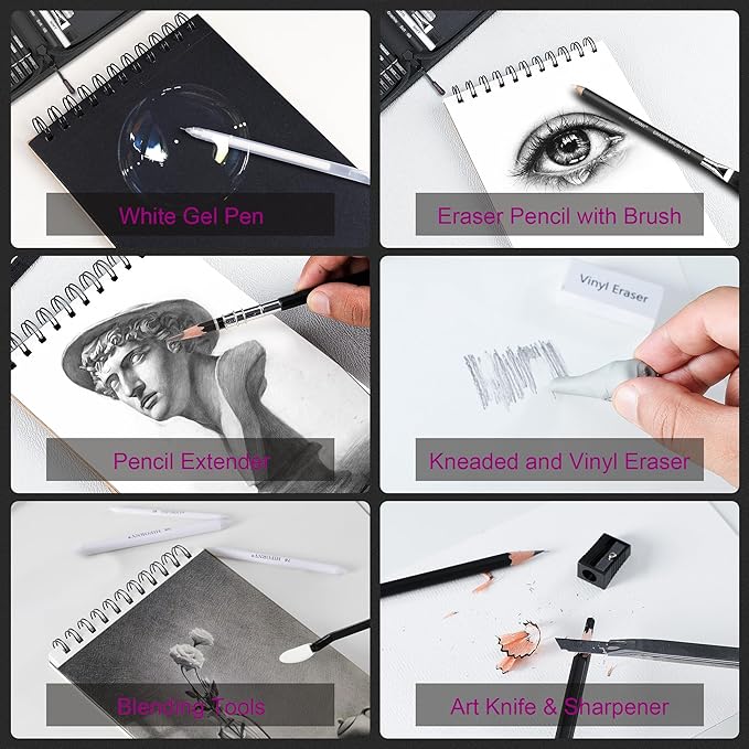 HIFORNY 58 PCS Drawing Kit Sketching Pencil Set,Sketch Pencils Art Supplies with 3-Color Sketchbook,Graphite,Charcoal,Blending Tools,Drawing Pencils for Adults Artists