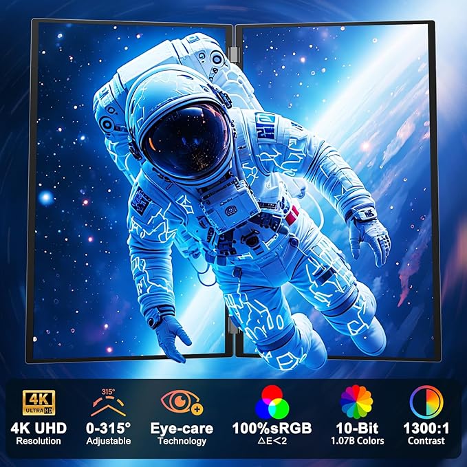 InnoView 23.8" Dual Portable Monitor 100% sRGB 3840x2160P 4K 315°Adjustable Dual Stacked Foldable Monitor Built-in Speakers Screen Extender with HDMI/USB-C/DP for Laptop Windows Mac