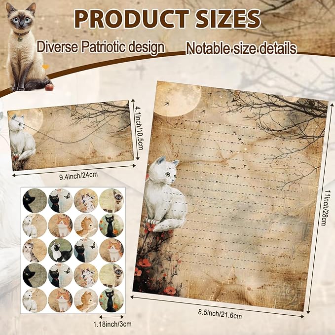 TaoBary 160 Pcs Stationery Paper Set 50 Double Sided Stationery Papers with 50 Matching Envelopes and 60 Round Dot Sticker, 10 Design(Kitten,8.5 x 11 Inch)