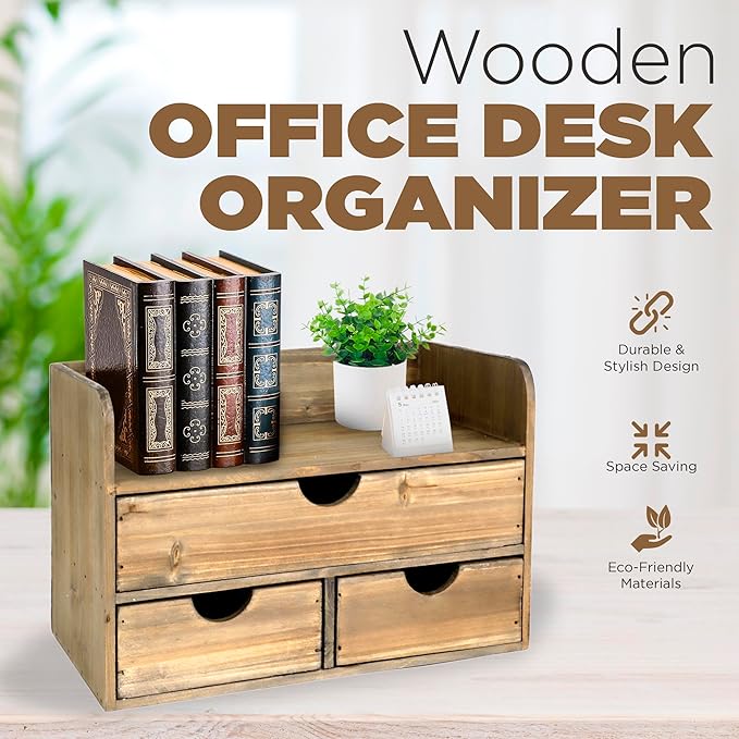 Besti Wooden Office Desk Organizer - Organizing Tool for Desktop, Cubicle, Bedroom, Kitchen - Vintage Style Organization Caddy with Top Tray Shelf & 3 Drawers - 13.6x9x7 Inches (Rustic Burnt)