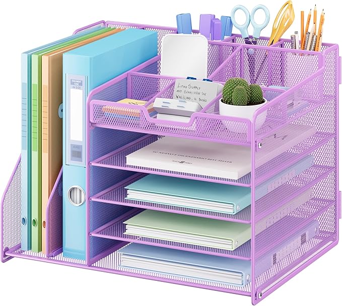 Lavatino 5-Tier Desk Organizer with 2 File Holders, Metal Adjustable Paper Letter Tray for Office or Home Desk Organizers and Accessories | 7 Flexible Dividers Keep Workspace Supplies Neat, Purple