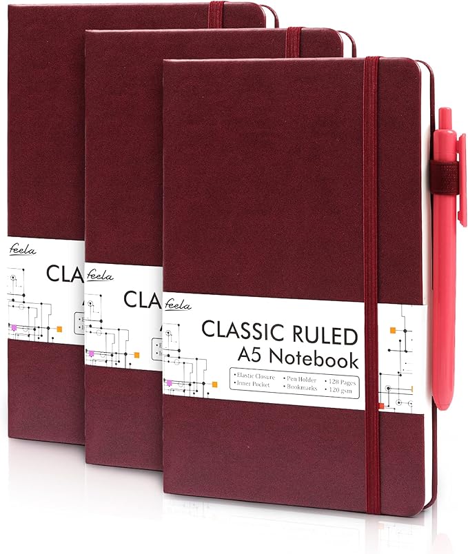 feela 3 Pack Notebooks Journals Bulk with 3 Black Pens, A5 Hardcover Notebook Classic Ruled Lined Journal Set with Pen Holder for Work Business Journaling Note Taking, 120 GSM, 5.1”x8.3”, Wine