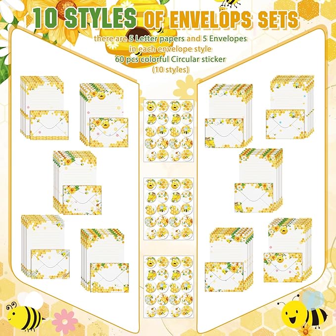 TaoBary 160 Pcs Stationery Paper Set 50 Double Sided Stationery Papers with 50 Matching Envelopes and 60 Round Dot Sticker, 10 Design(Bee,8.25 x5.5 Inch)