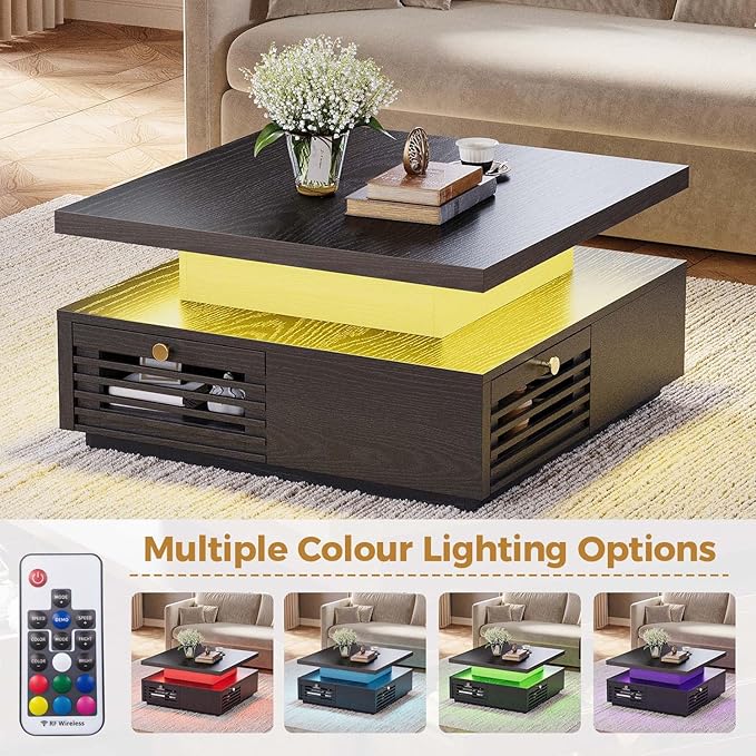 IRONCK Coffee Table with LED Light and Charging Station, 4 Storage Drawers with Grille Design, Square Coffee Table for Living Room Office Reception Room (Black)