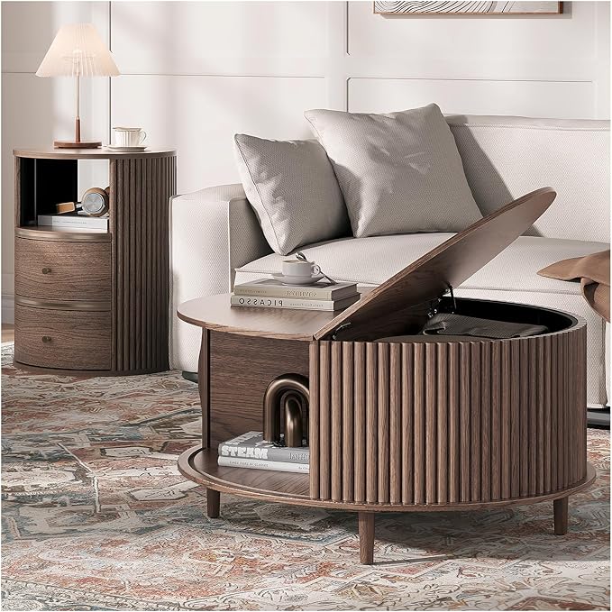 JOINICE Round Coffee Table and End Table Set,31.5" Mid Century Modern Living Room Furniture, Walnut Fluted Center Table with Storage & Matching Side Table for Small Space