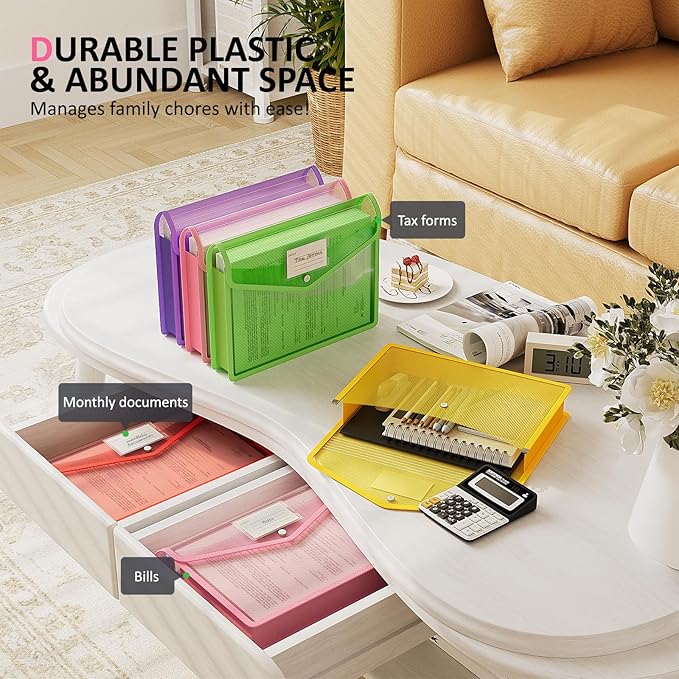 ThinkTex Plastic Expanding File Folder, Transparent Envelopes with Snap Closure,Suitable for Home, Office, School and Hospital, Large Capacity，No Dividers, Dopamine-5-Color, Fit Letter/A4 Size-5 Pcs