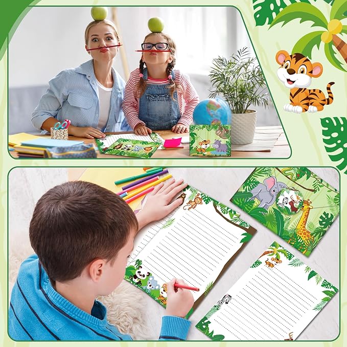 TaoBary 160 Pcs Stationery Paper Set 50 Double Sided Stationery Papers with 50 Matching Envelopes and 60 Round Dot Sticker, 10 Design(Safari Animal,5.5 x 8.25 Inch)