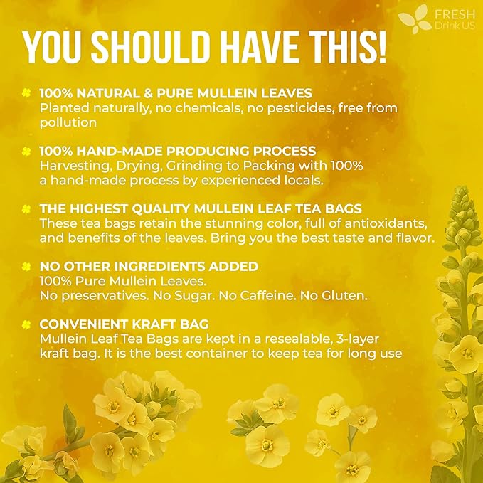 FreshDrinkUS, Premium 10 Mullein Leaf Tea Bags For Lungs, 100% Natural & Pure from Mullein Leaves. Loose Leaf Mullein Herbal Tea. Made with Natural Material Tea Bags. No Sugar, No Caffeine, No Gluten, Vegan.