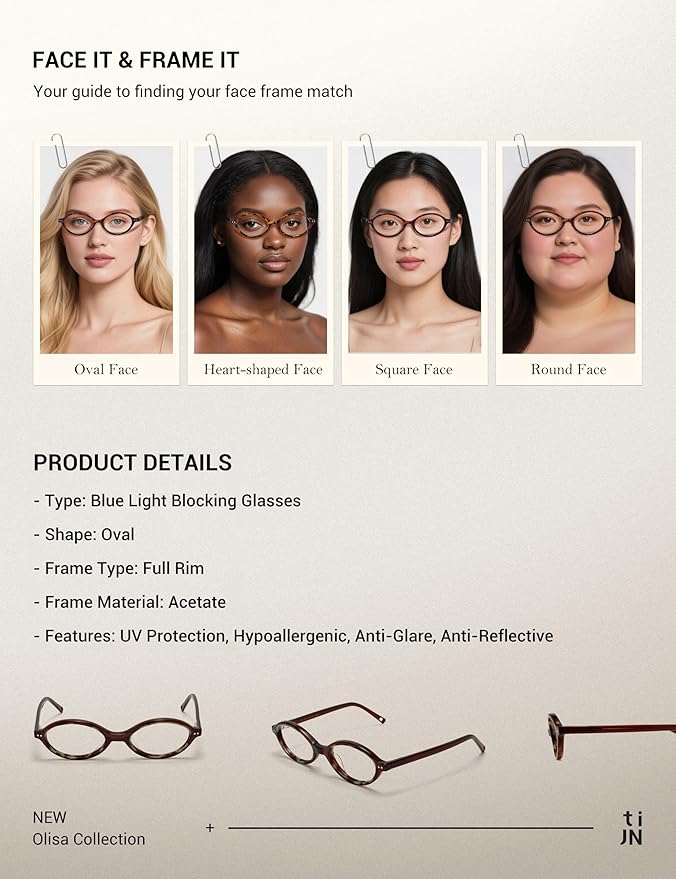 TIJN Olisa Blue Light Blocking Glasses for Women Men,Oval Glasses Frame Bluelight Glasses for Gaming/Computer/Screen